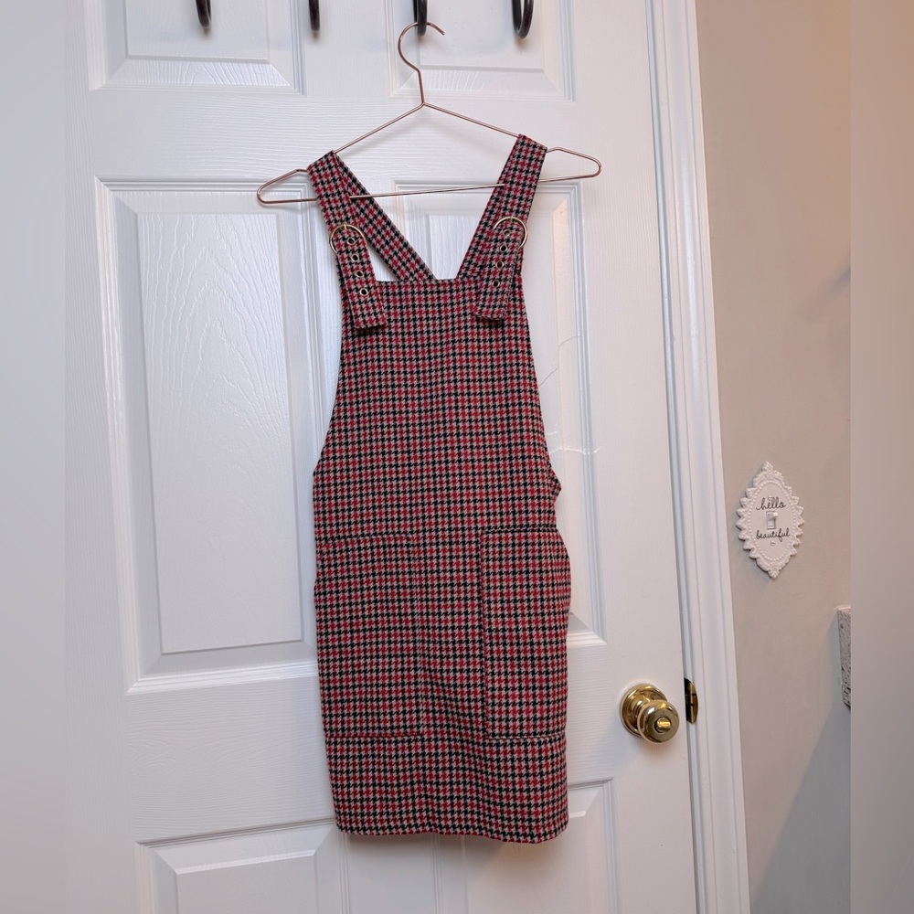 Forever 21 Overall Mini Dress Small Red Navy Houndstooth Wool Blend Gold Buckle
